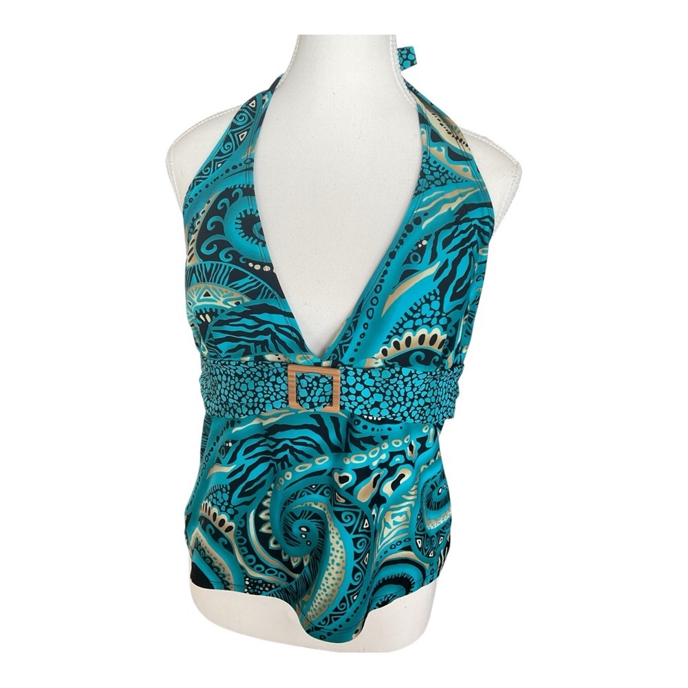 Krista Turquoise Paisley Halter Tankini Top Belted Swimwear Size XL